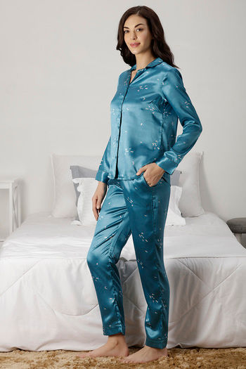 Zivame Satin Chic Satin Pyjama Set Teal